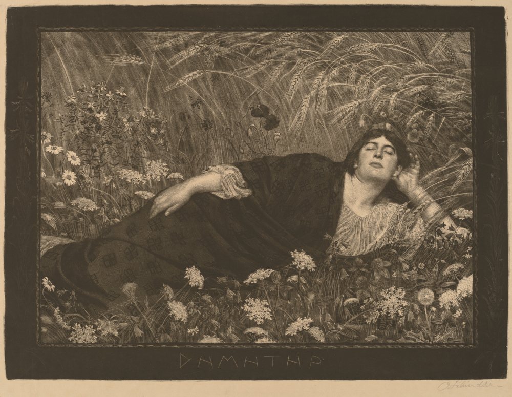 Deméter, a deusa grega da agricultura e da colheita — litografia de Osmar Schindler, década de 1890