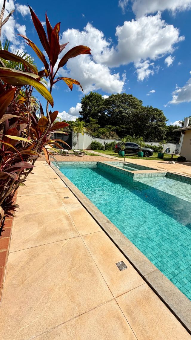 Piscina e deck com palmeiras